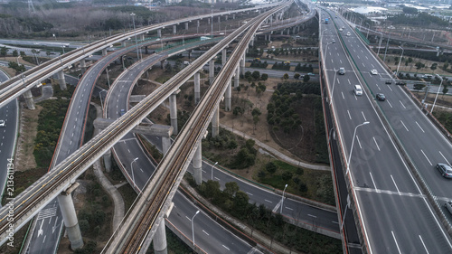 Photography Aerial view of railway, highway and overpass on Luoshan road, Shanghai