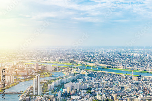 Asia Business concept for real estate and corporate construction - panoramic modern city urban skyline bird eye aerial view under sun & blue sky in Tokyo, Japan