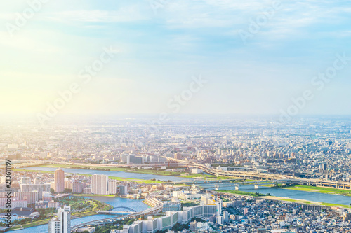 Asia Business concept for real estate and corporate construction - panoramic modern city urban skyline bird eye aerial view under sun & blue sky in Tokyo, Japan © voyata