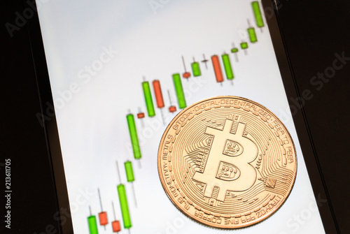 Bitcoin lying on the smartphone screen with quotes, growing trend, bullish trend, isolated