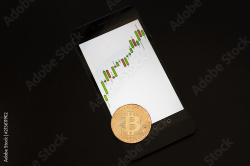 Bitcoin lying on the smartphone screen with quotes, growing trend, bullish trend, isolated