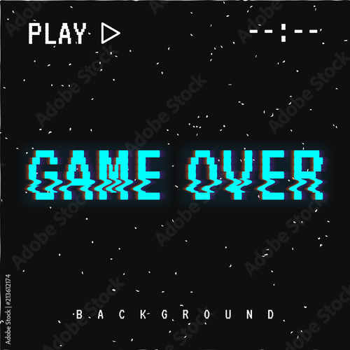 Vector background, texture damage. Glitch error with text game over. Game design. Final scene.