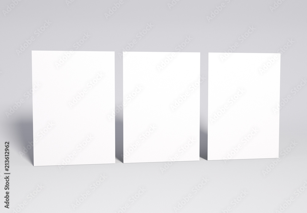 Blank 3 white Pages Mock up, 3d rendering. Soft shadow. Blank 3 white Pages Mock up, 3d rendering. Soft shadow.