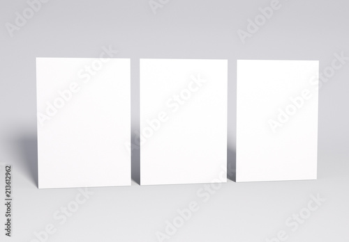 Foto Blank 3 white Pages Mock up, 3d rendering. Soft shadow.