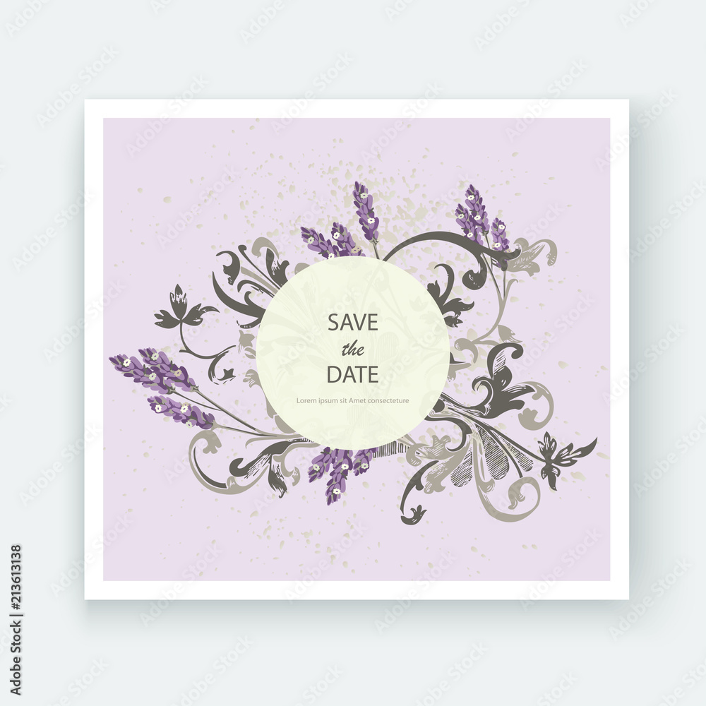 Obraz premium Set of card with flower lavender, leaves. Wedding ornament concept. Floral trendy poster, invite. Vector decorative greeting card or invitation design background