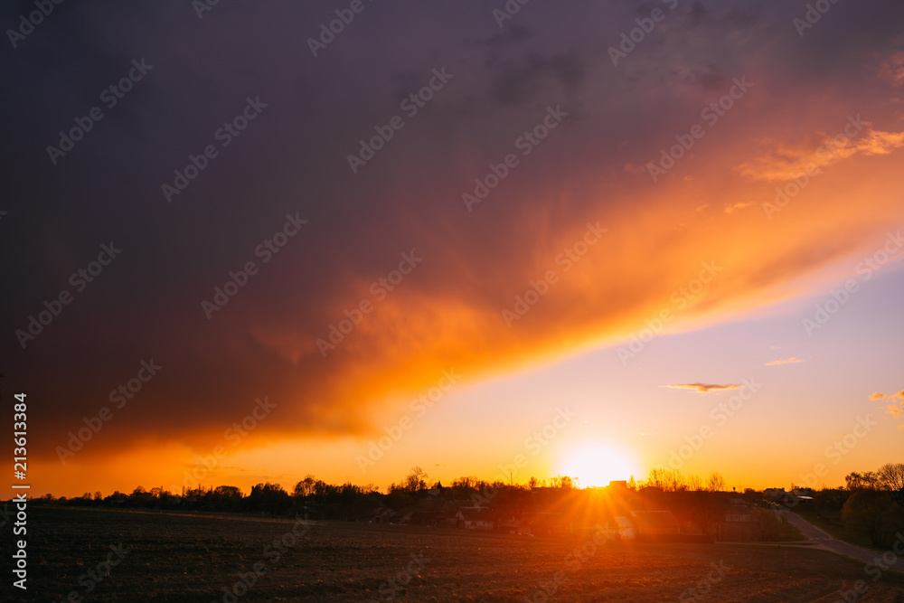 Spring Sunset Sunrise Above Belarusian Village In Eastern Europe