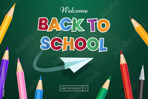 Back to school web banner design. Vector green chalkboard background with scattered color pencils. Colored paper text with flying paper airplane. Use for sale of school goods, event invitation.