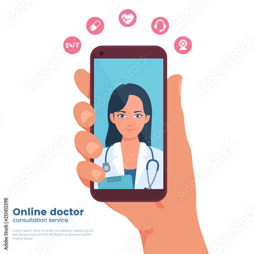 Mobile doctor illustration. Mobile medicine. Hand holding smartphone with young woman doctor on device screen. Video chat with medic. Flat design graphic concept. Vector eps 10.