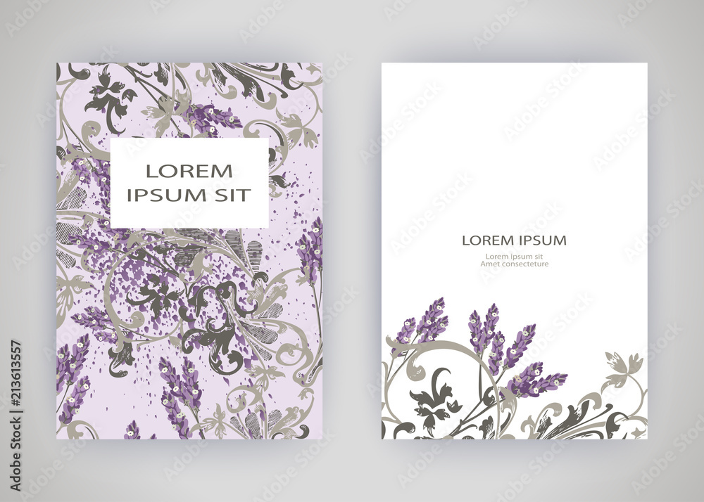 Set of card with flower lavender, leaves. Wedding ornament concept. Floral trendy poster, invite. Vector decorative greeting card or invitation design background Set of card with flower lavender, leaves. Wedding ornament concept. Floral trendy poster, invite. Vector decorative greeting card or invitation design background