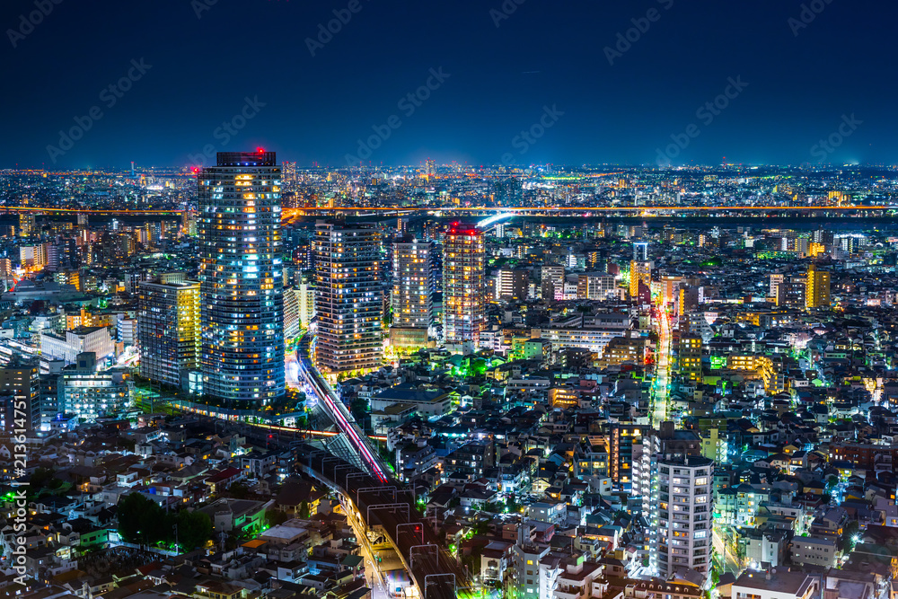 Obraz premium Asia Business concept for real estate and corporate construction - panoramic urban city skyline aerial view under twilight sky and neon night in tokyo, Japan