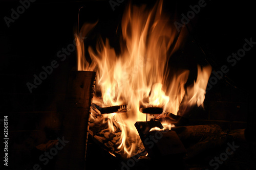 Close Up On Burning Fire In A Fire Place