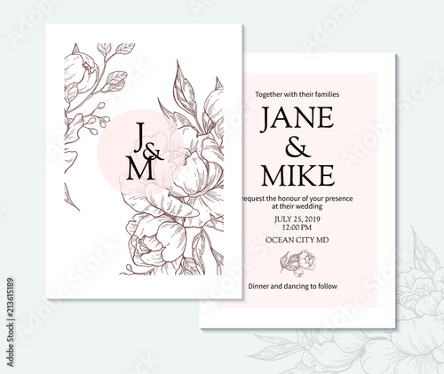 Vintage elegant wedding invitation card template with vector peony and roses.