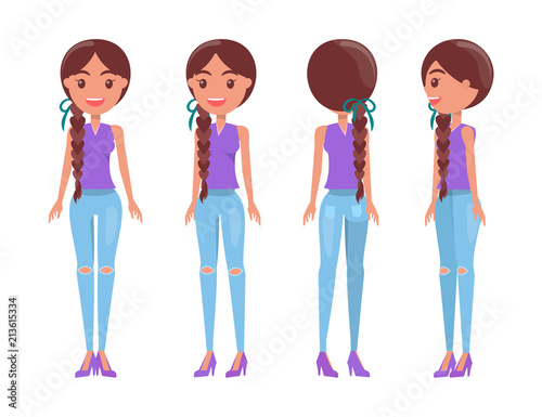 Braided brunette girl in t-shirt and ripped jeans.