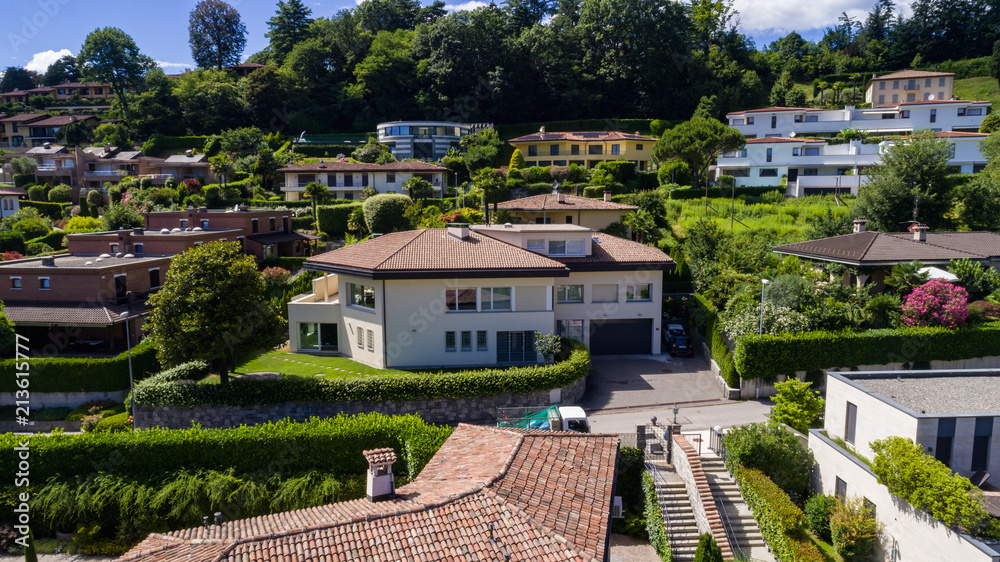Aerial view of modern villa with large garden Aerial view of modern villa with large garden