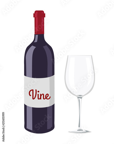 Wine Bottle and Glass Object Vector Illustration
