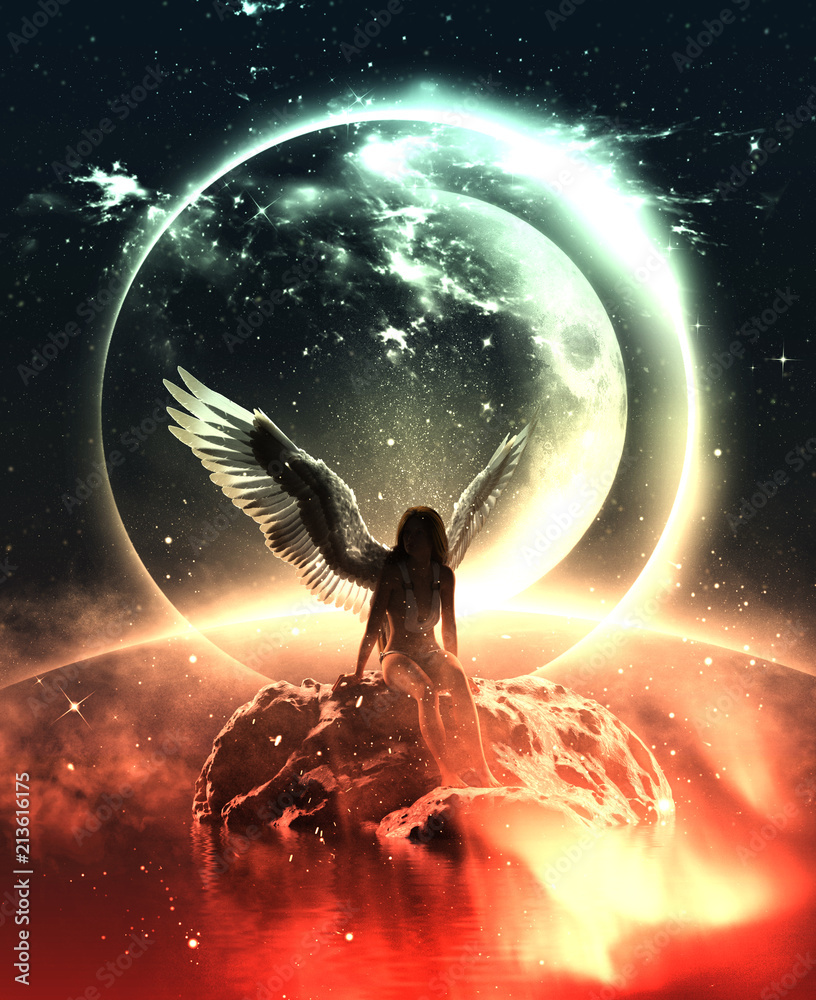 Naklejka premium 3d ilustracja anioła w ziemi nieba, techniki mieszane dla ilustracji książki lub okładki książki