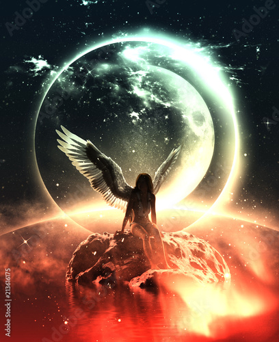 3d illustration of an Angel in heaven land,Mixed media for book illustration or book cover