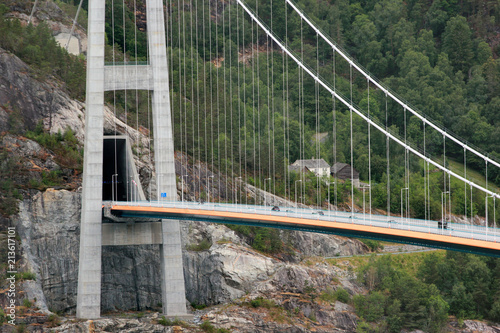 Hardanger bridge - the longest suspension bridge across the Eidfjorden branch of Hardangerfjorden in Hordaland county, Norway. photo