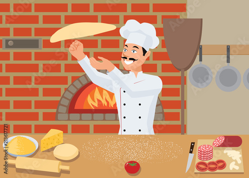 The cook prepares pizza by spinning the dough