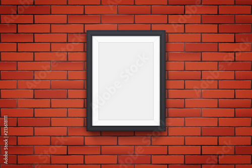 Red brick wall with modern picture frame. Mockup black frame for quotes and advertising. Vertical Poster Closeup view. Vector Illustration.