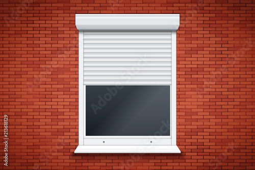 Opened Roller Shutters Window on red brick wall. Protect System Equipment. White color. Vector Illustration isolated on background.