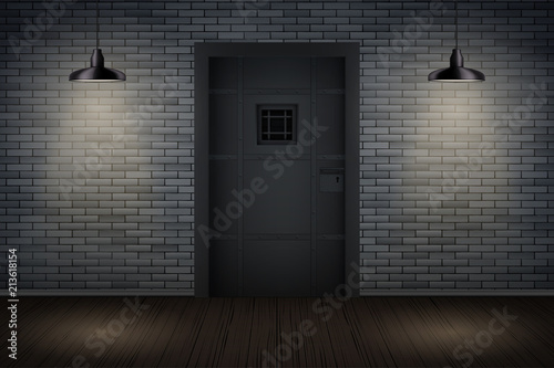 Prison interior with Metal Prison Jail cell door and lattice. Vintage jail and prison cell. Concept design for quest rooms and escape games. Vector Illustration.
