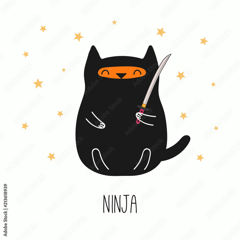 Hand drawn vector illustration of a kawaii funny ninja cat, holding katana  sword. Isolated objects on white background. Line drawing. Design concept  for children print. vector de Stock | Adobe Stock