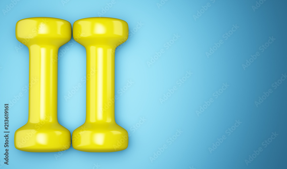 yellow dumbbells isolated on blue background yellow dumbbells isolated on blue background