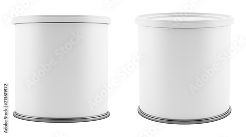 blank metal tin can with white plastic lid isolated on white background photo