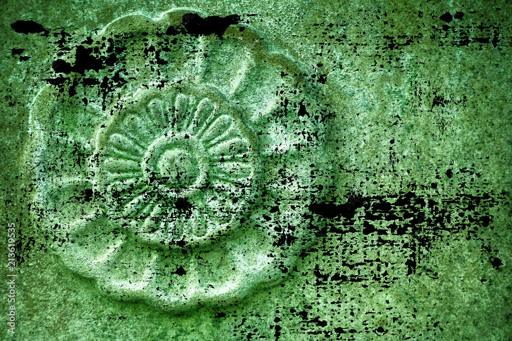 Grunge dirty Ultra green Ornate stone texture, circle rock shape, background for web site or mobile devices