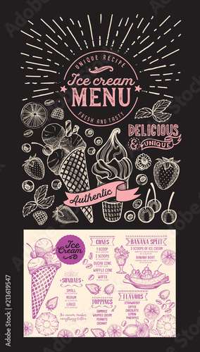 Ice cream restaurant menu. Vector dessert food flyer for bar and cafe. Design template on blackboard background with vintage hand-drawn illustrations.