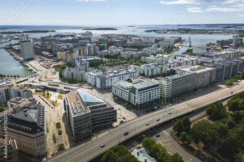 Aerial view of Jatkasaari and Ruoholahti districts of Helsinki, Finland