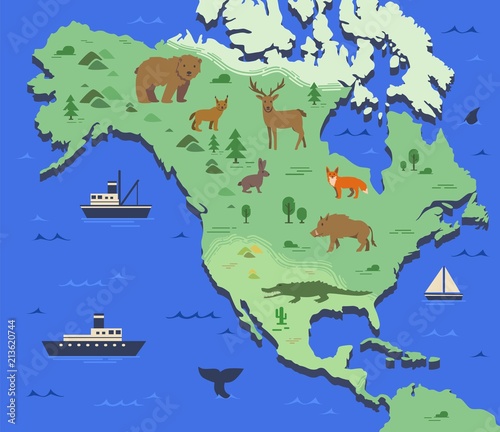 Stylized map of North America with indigenous animals and nature symbols. Simple geographical map. Flat vector illustration.