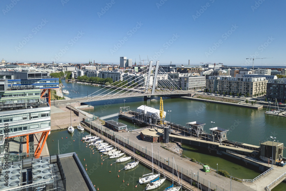 Aerial view of the Crussel bridge and Ruoholahti canal, Helsinki, Finland Aerial view of the Crussel bridge and Ruoholahti canal, Helsinki, Finland
