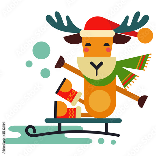 Christmas cute reindeer Santa Claus character vector New Year illustration of deer animal for sleigh