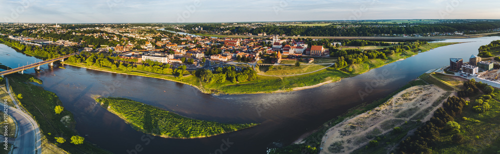 Aerial view of Kaunas city center. Kaunas is the second-largest city in country and has historically been a leading centre of economic, academic, and cultural life