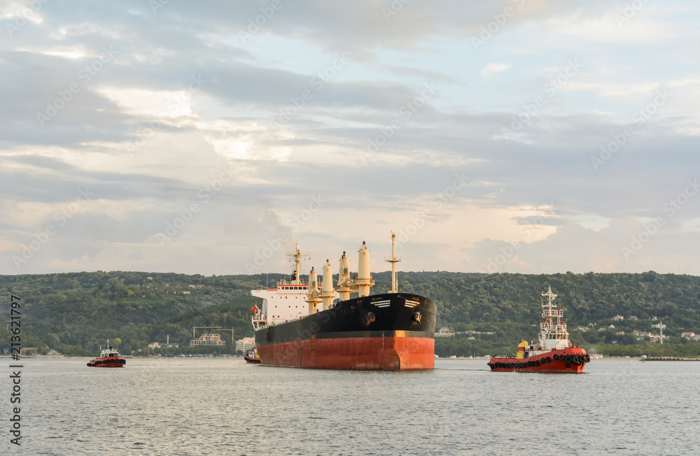 Tug boat entering the harbor with big cargo boat.