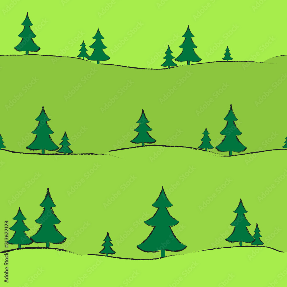 Fototapeta premium Background with fir-trees hand-drawn Creative modern background for banner card wallpaper cover advertising sales Drawing trees seamless pattern on summer and spring theme Vector summer tree pattern