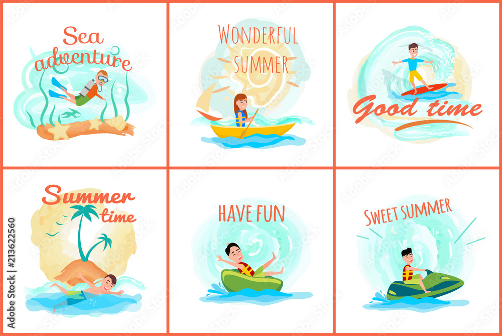 Naklejka premium Sea Adventure and Summer Set Vector Illustration
