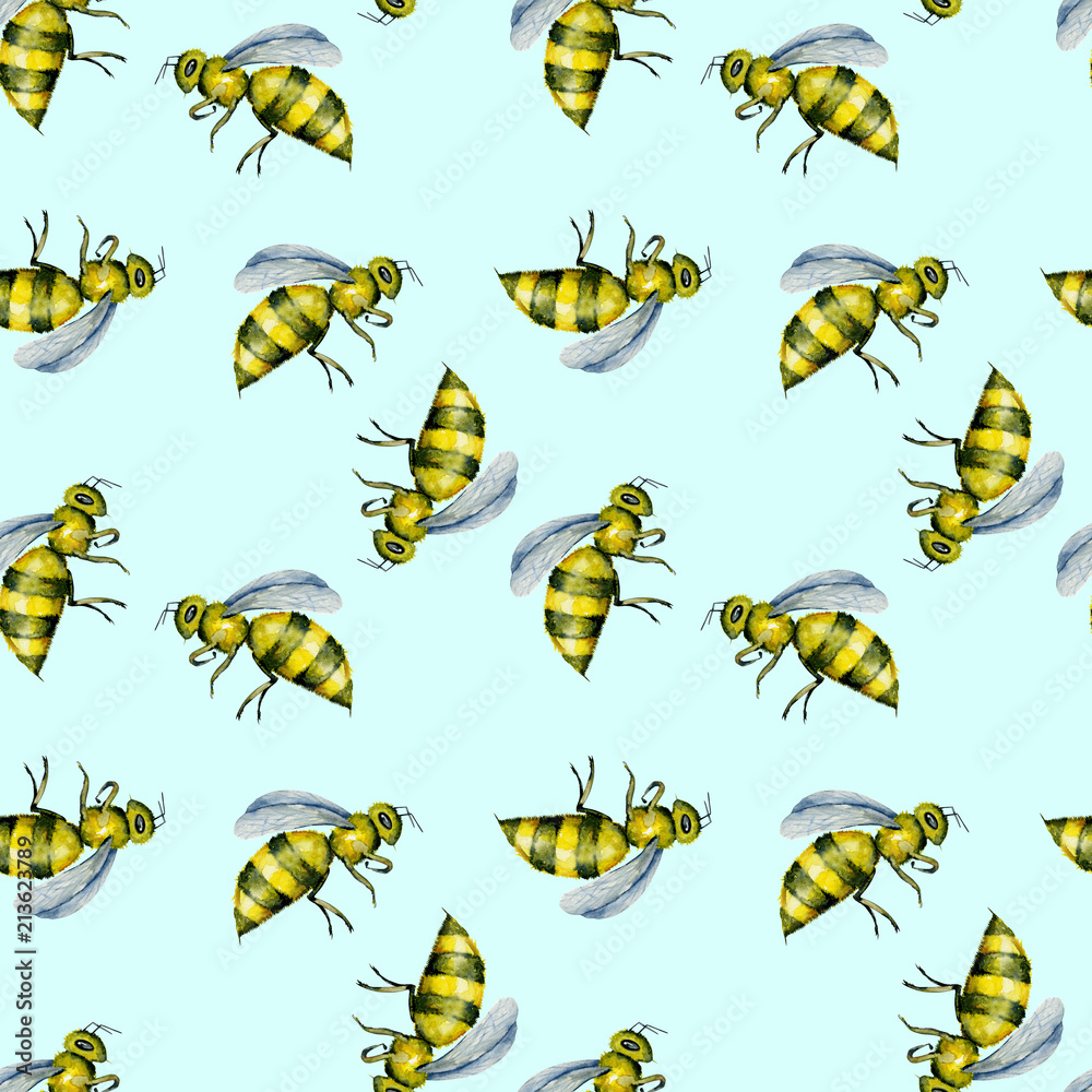 Fototapeta premium Seamless pattern with watercolor bees, hand drawn isolated on a light blue background