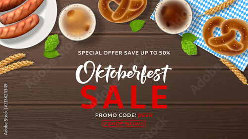 Oktoberfest sale advertisement web banner. Vector illustration with realistic beer, sausages and traditional textile on wooden texture. Seasonal offer with discount.