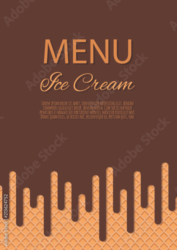 Chocolate ice cream flowing over waffle texture background . Cafe menu, ice cream dessert poster, food packaging design.
