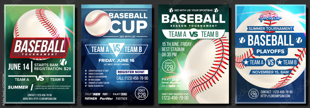 Baseball Poster Set Vector. Design For Sport Bar Promotion. Base. Baseball Ball. Modern Tournament. Sport Game Event Announcement. Flyer, Banner Advertising. Template Illustration