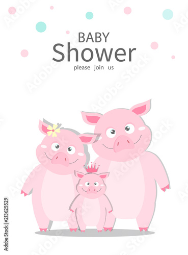 Portrait hog family on baby shower invitations cards, poster, greeting, template, animals,wild boars,pig,Vector illustrations 