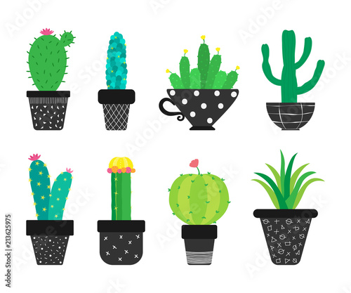 Vector set of cartoon cacti in the pots.