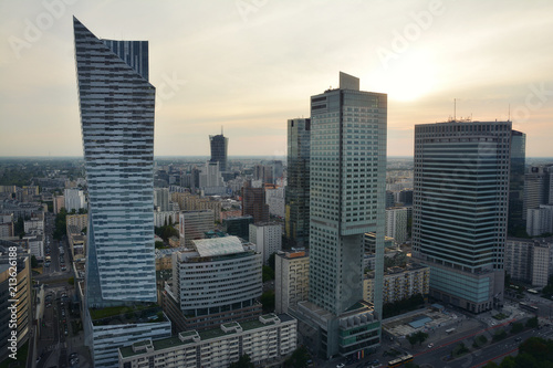 View from above and urban skyline at sunset in Warsaw , Poland.
