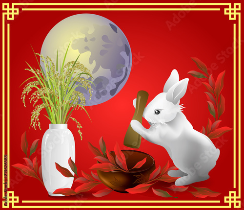 Chinese Mid-Autumn or Harvest Moon Festival greeting card with rabbit pounding leaves in mortar, full moon and vase with rice panicles on red background. Vector hand drawn illustration.