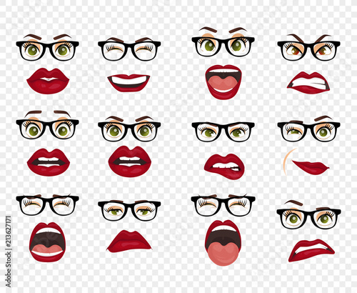 Fototapeta Naklejka Na Ścianę i Meble -  Comic emotions. Woman with glasses facial expressions, gestures, emotions happiness surprise disgust sadness rapture disappointment fear surprise joy smile despondency. Cartoon icons big set isolated.