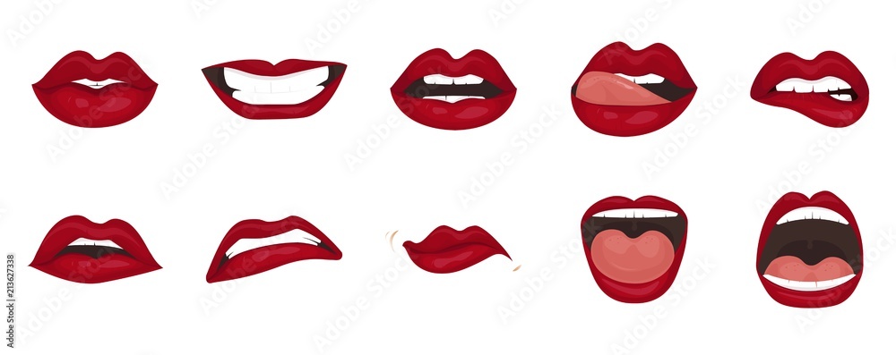 Cartoon icons set isolated. Cute mouth expressions facial gestures lips sadness rapture disappointment fear surprise joy smile cry despondency coquetry cute mouth. Isolated vector illustration Cartoon icons set isolated. Cute mouth expressions facial gestures lips sadness rapture disappointment fear surprise joy smile cry despondency coquetry cute mouth. Isolated vector illustration