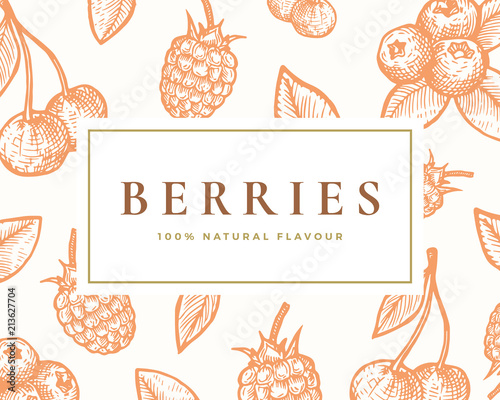 Hand Drawn Berries Illustration Card. Abstract Vector Cherries, Elderberry and Blackberry Sketch Background with Classy Retro Typography.